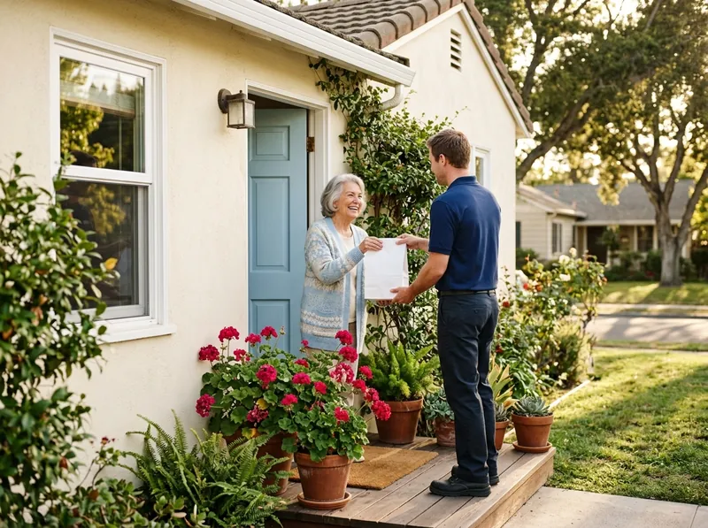 A delivery driver hands a pharmacy bag to an older woman at her front door.