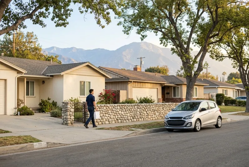 A delivery driver carries a pharmacy bag toward a front gate on a quiet foothill street.