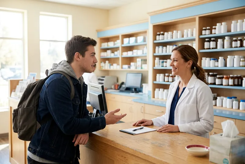A young man asks a pharmacist a question across the counter.