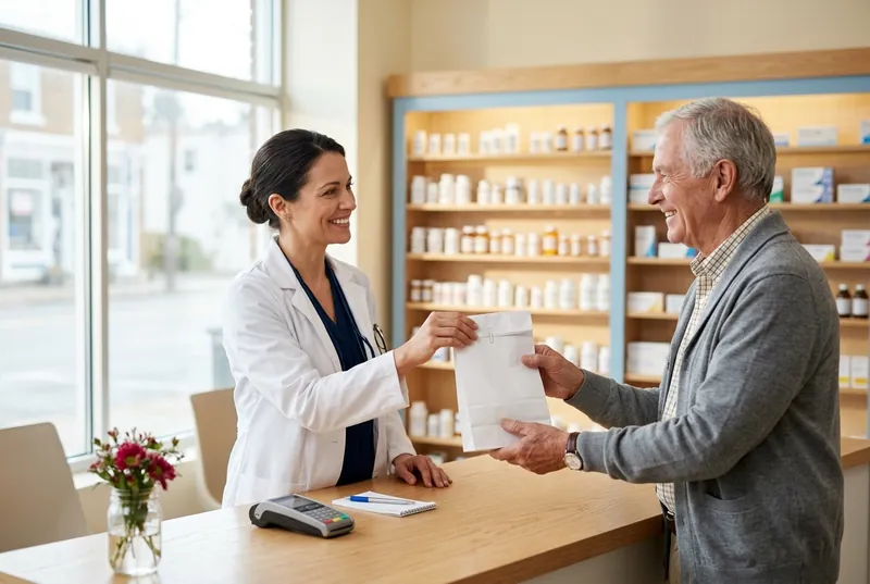 A pharmacist hands a white prescription bag across the counter to a smiling older man.