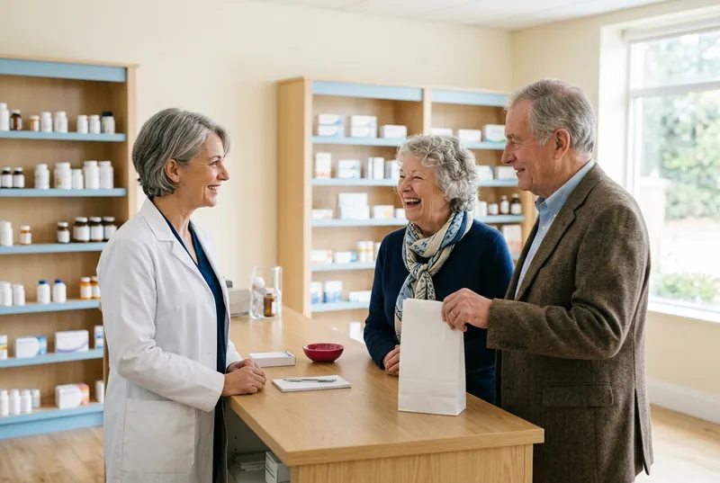 A pharmacist chats and laughs with an older couple across the pharmacy counter.