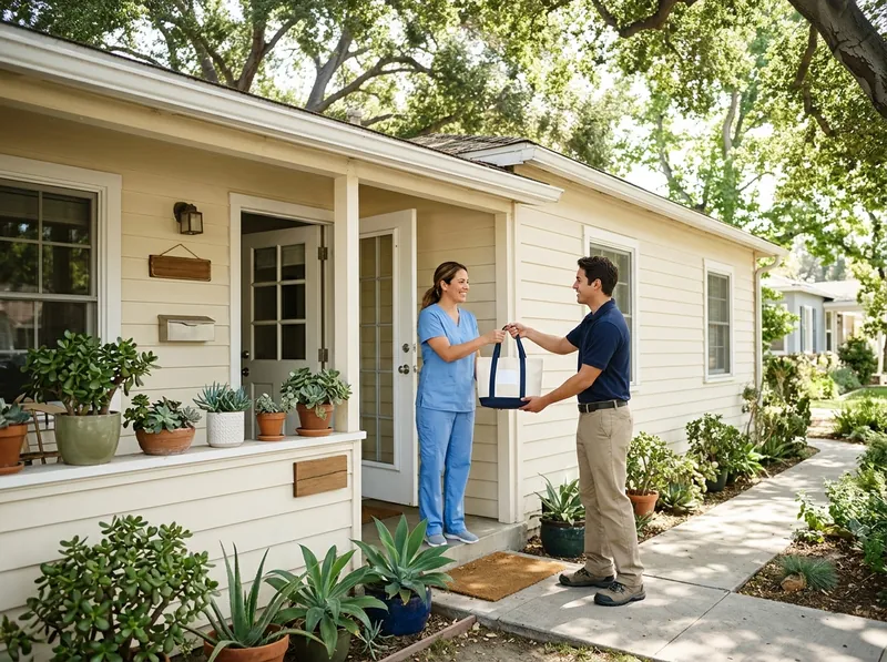 A delivery driver hands a pharmacy bag to a caregiver at the door of a care home.