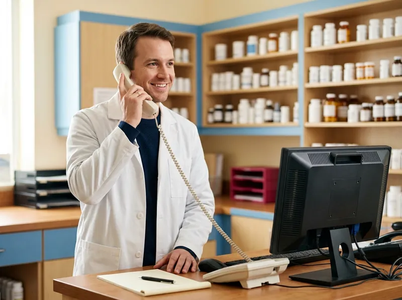 A pharmacist smiles as he takes a call at the pharmacy counter.