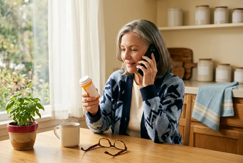 A woman at her kitchen table calls in a refill, holding her prescription bottle.