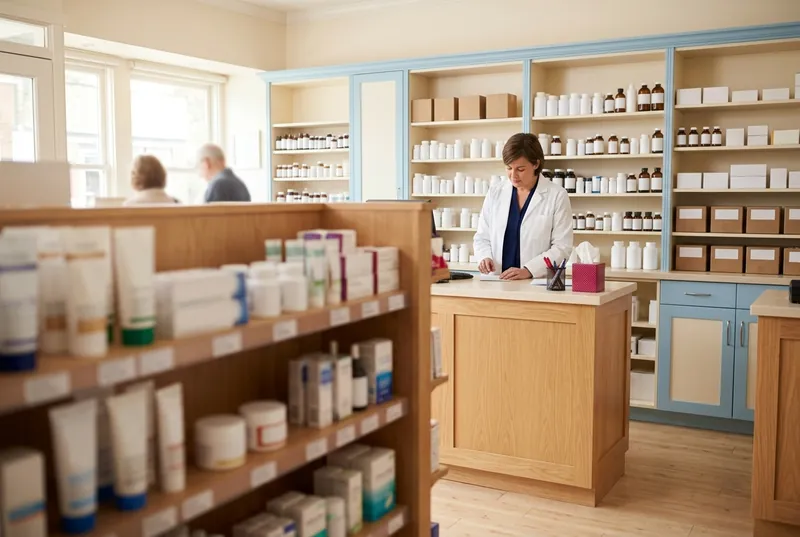 A pharmacist works behind the counter of a small neighborhood pharmacy.