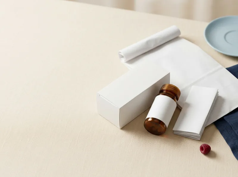 A medicine box, a prescription bottle and a folded leaflet beside a pharmacy bag.