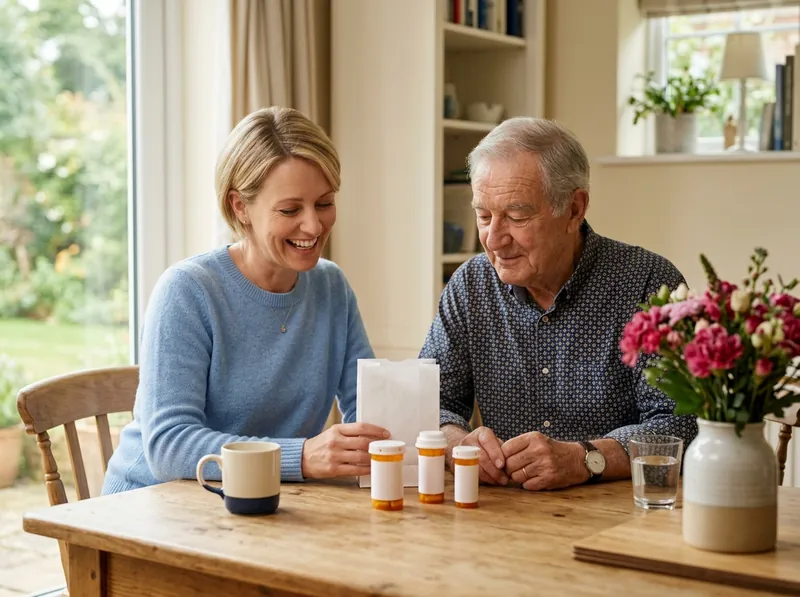 A woman and her father look over his prescriptions together at the table.