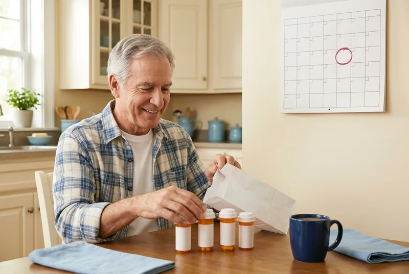 A man at his kitchen table lines up his prescription bottles from one pharmacy bag.