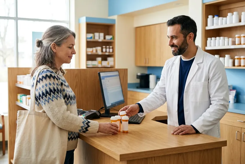 A woman hands her prescription bottles across the counter to a pharmacist.